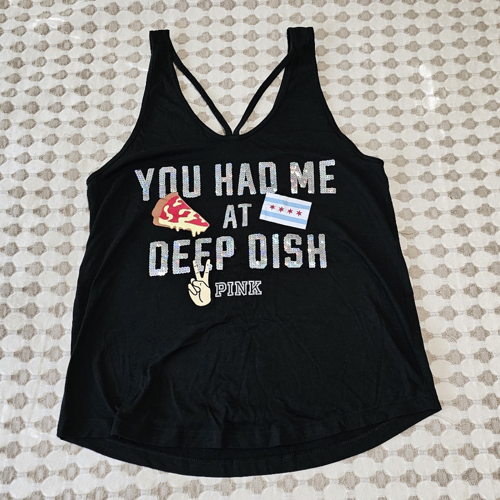 Victoria's Secret PINK Sequin Tank Top "YOU HAD ME AT DEEP DISH"